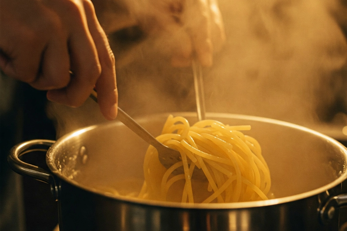 Stirring spaghetti to prevent stickiness during cooking