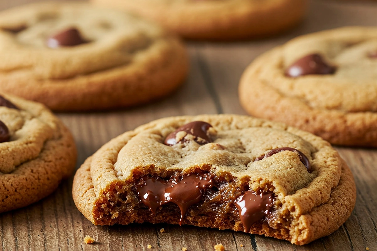 Freshly baked brown butter chocolate chip cookies on a rustic table