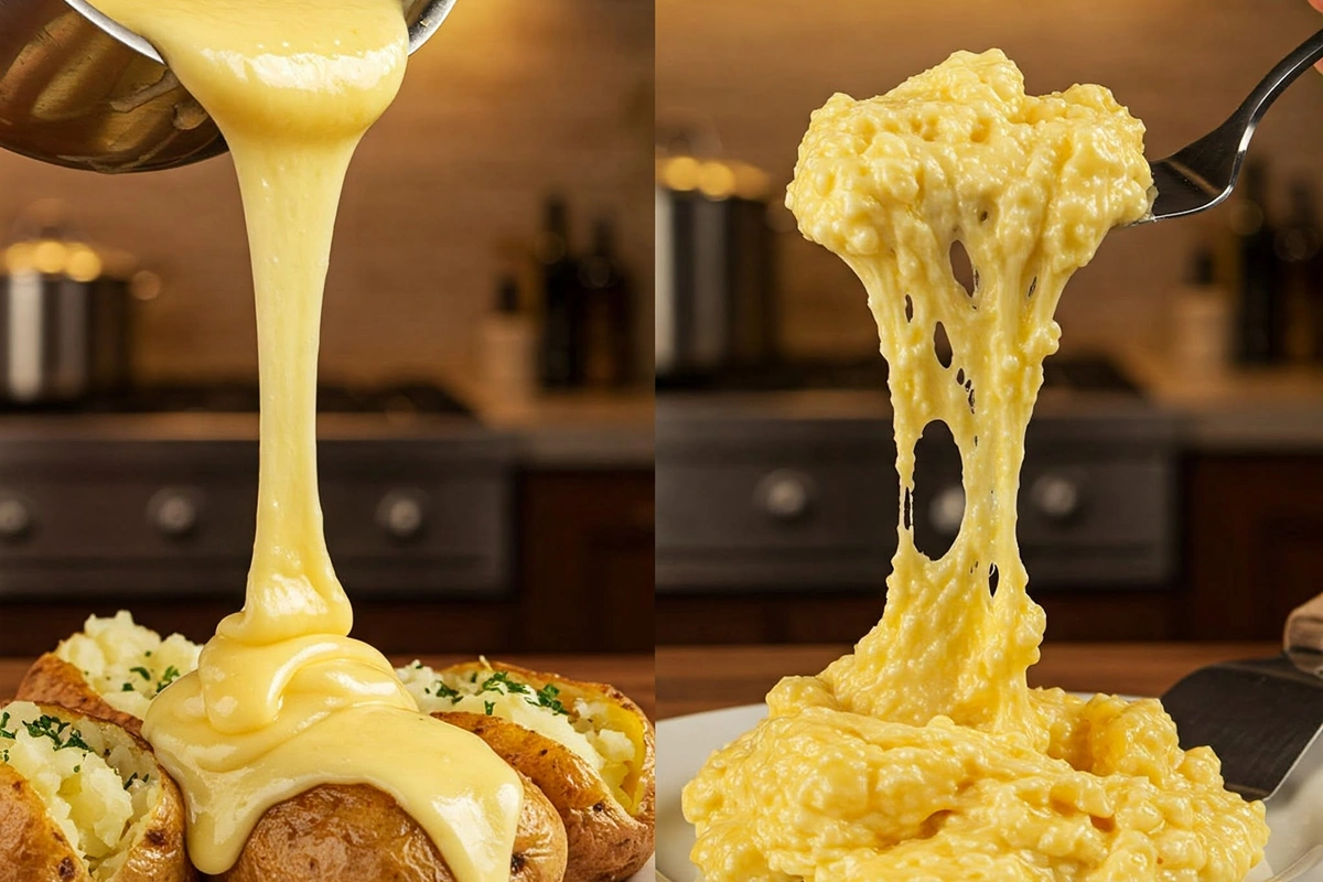  Smooth, creamy melted cheese vs. clumpy overheated cheese.