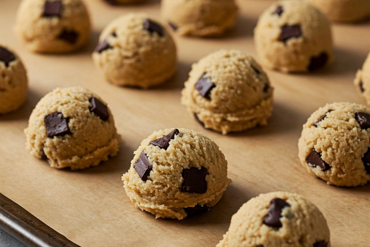 Cookie dough balls with chocolate chunks on a baking sheet