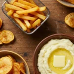 A variety of famous potato dishes, including French fries, mashed potatoes, and potato chips, served on a rustic wooden table.