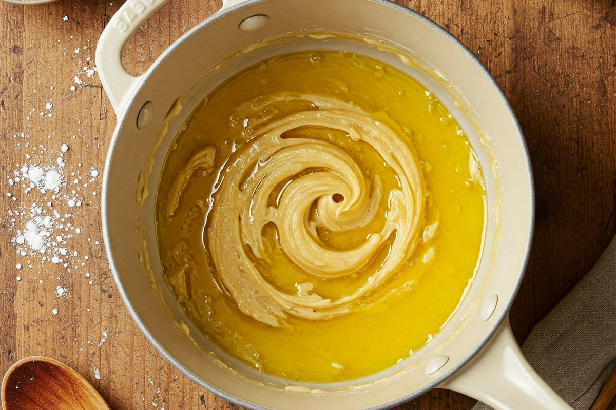 Brown butter swirling in a small saucepan with baking tools around.