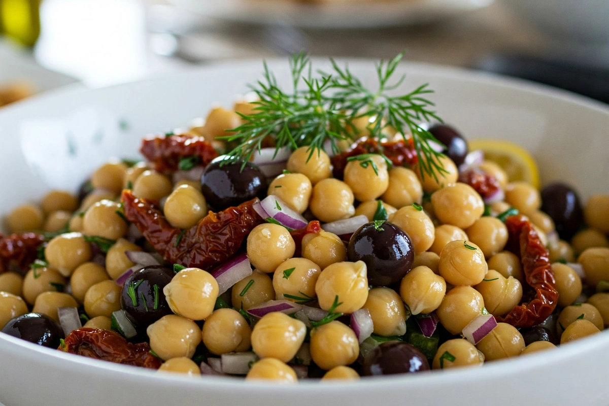 Close-up of Mediterranean chickpea salad with fresh herbs