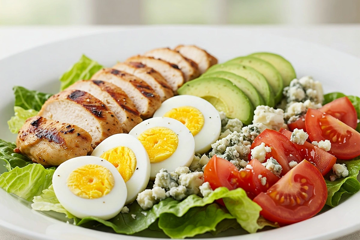  A Cobb salad with chicken, and avocado in organized rows.