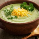 A steaming bowl of creamy broccoli soup with cheese and herbs.