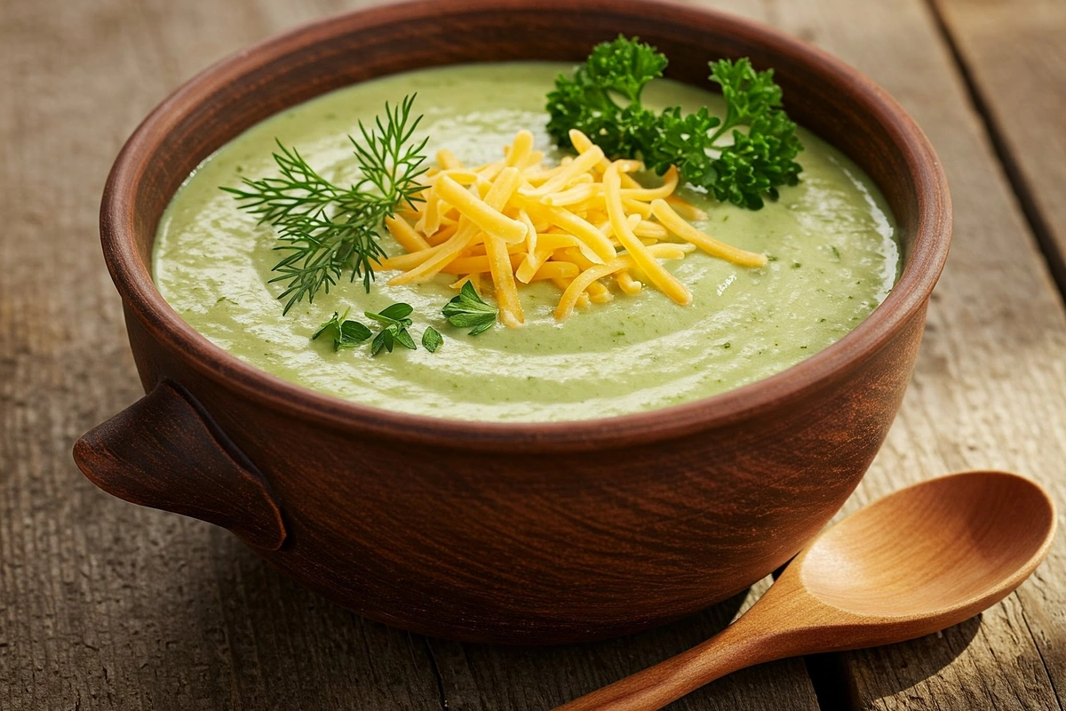 A steaming bowl of creamy broccoli soup with cheese and herbs.