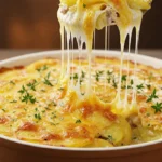 Golden cheesy potato casserole with melted cheese.