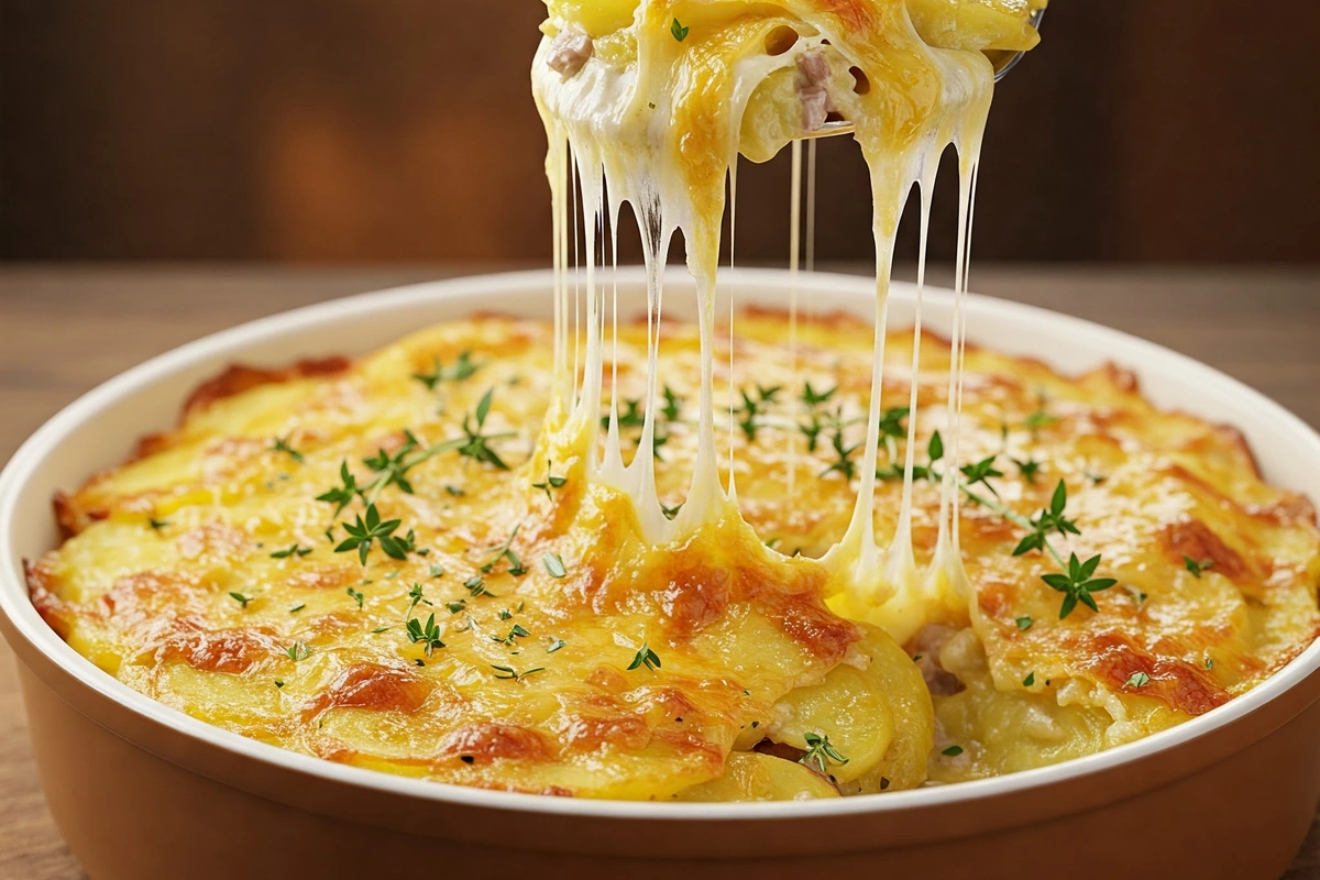 Golden cheesy potato casserole with melted cheese.