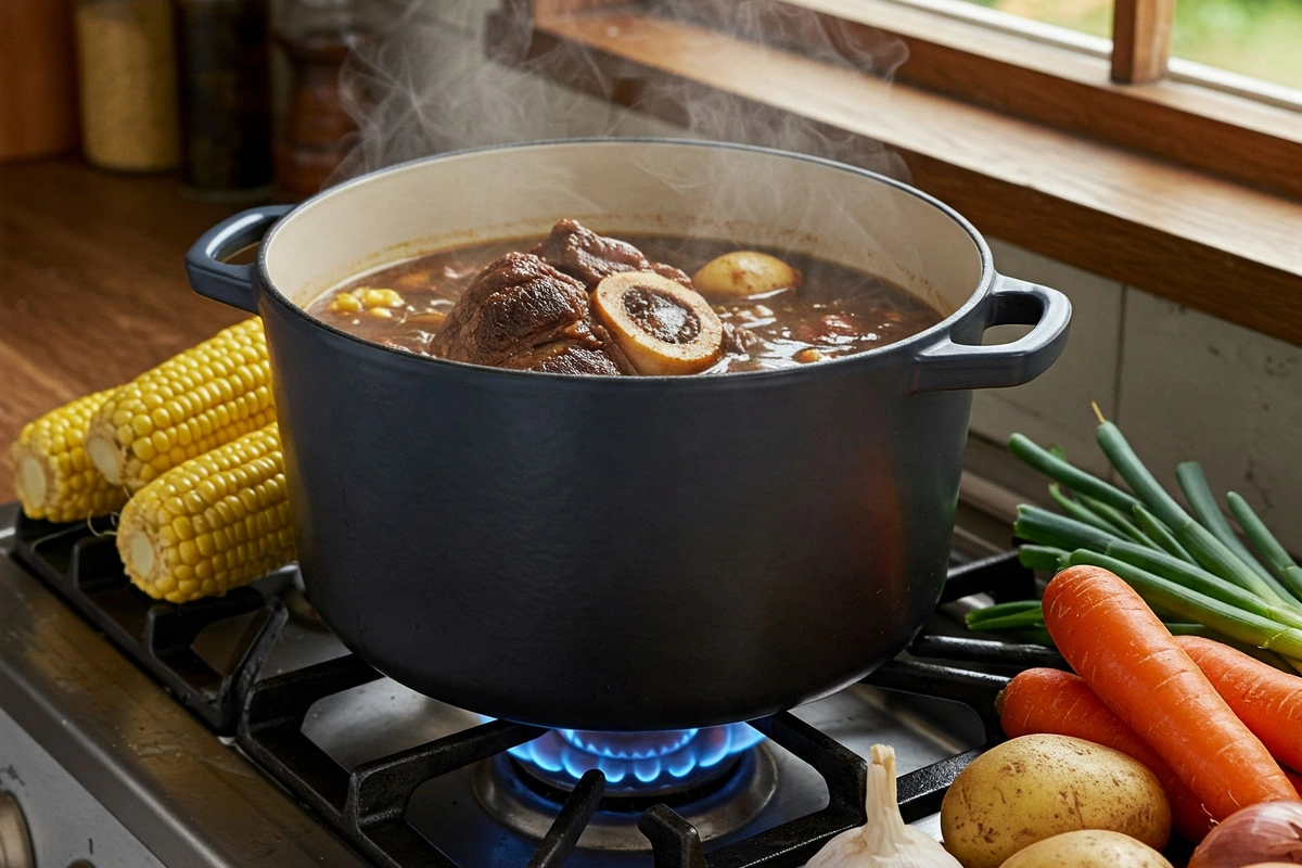 Stockpot with beef and vegetables simmering for caldo de res.