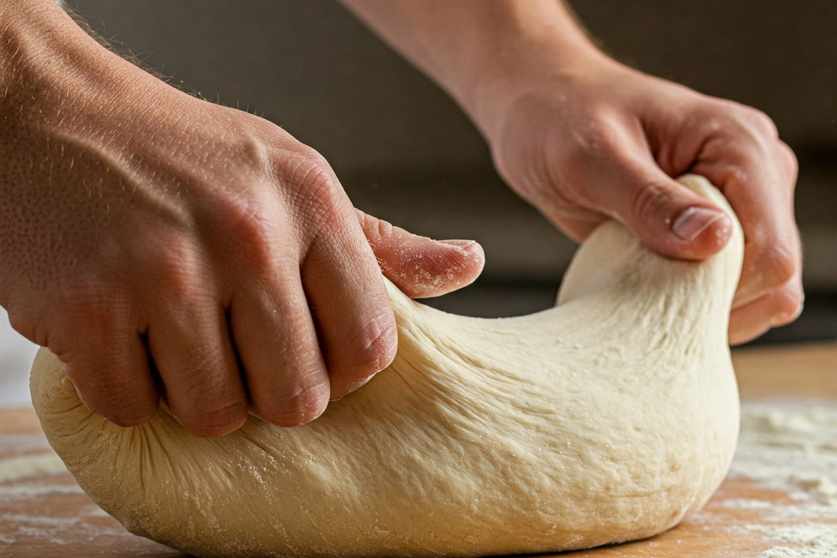  Hands kneading pizza dough on a wooden surface.