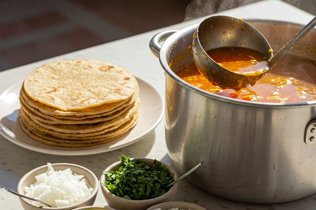 Pot of hot Caldo de Res with garnishes and tortillas on a table