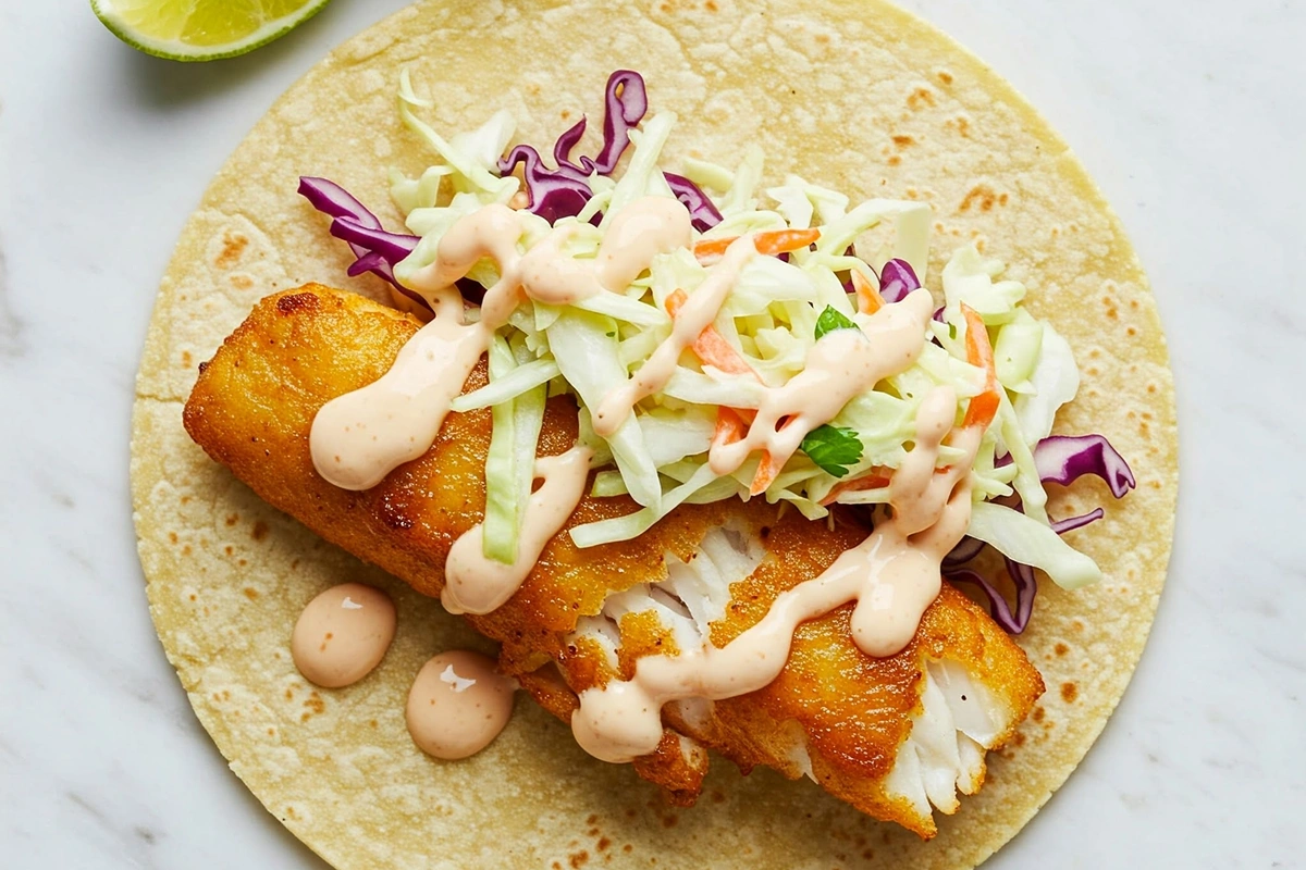 Close-up fish taco with crunchy cabbage slaw