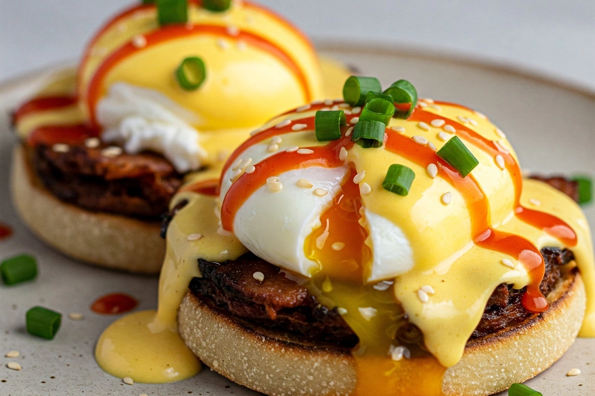  Eggs Benedict topped with sriracha and sesame oil