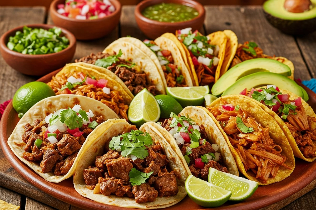 Platter of assorted tacos with fresh garnishes