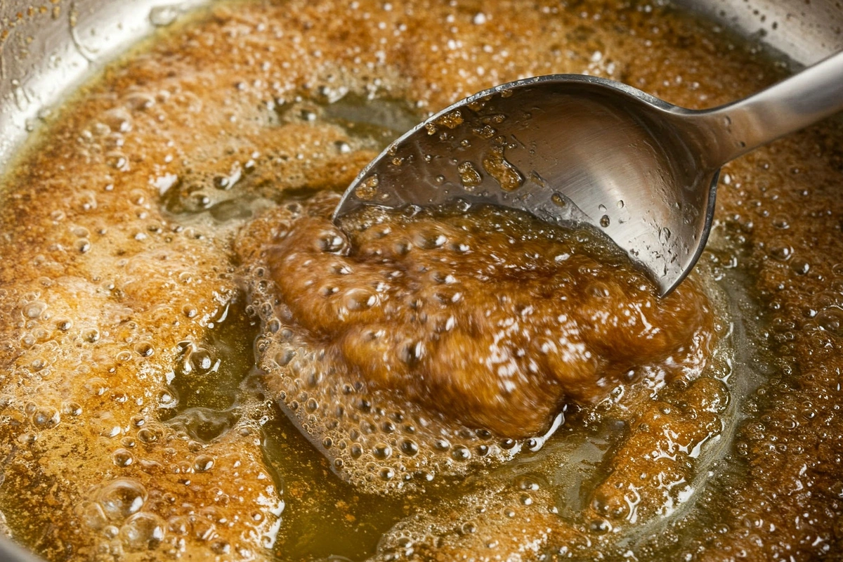 Close-up of browning butter in a saucepan