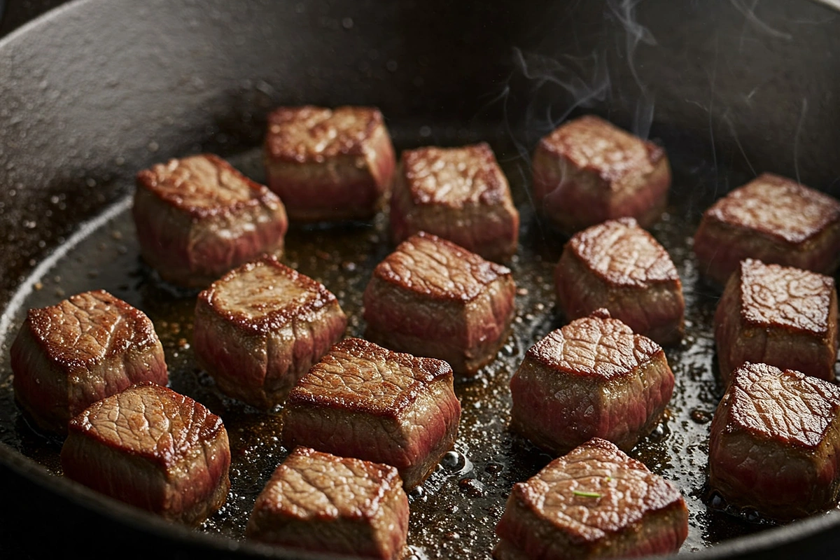 Cubes of beef browning in a cast-iron pot