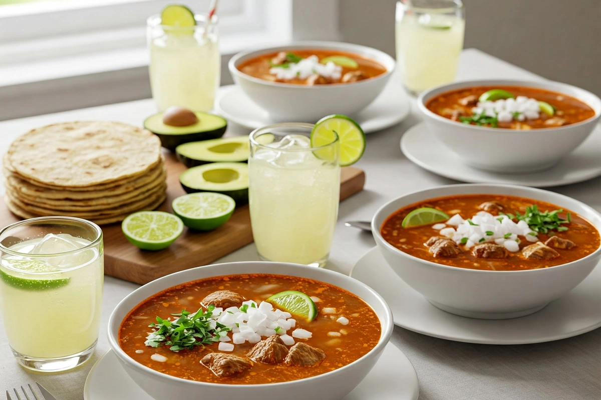 Bowls of caldo de res served with garnishes and sides.