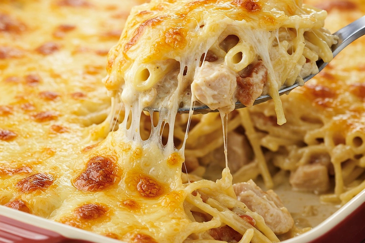 Baked chicken spaghetti casserole with a serving scooped out