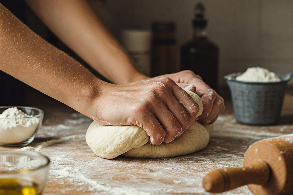 Hands kneading pizza dough on a floured surface