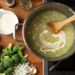 Fresh ingredients for broccoli soup with a pot on a stove.