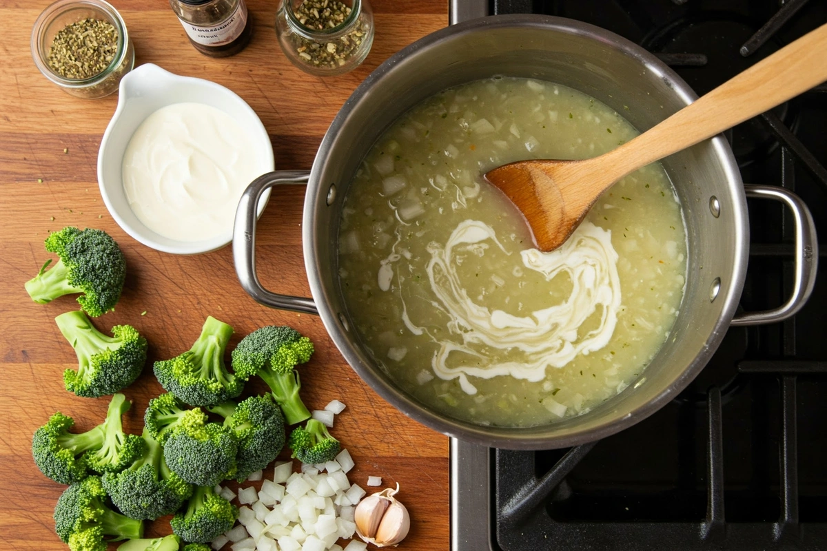 Fresh ingredients for broccoli soup with a pot on a stove.