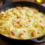 Cheesy potato gratin with bubbling golden crust.