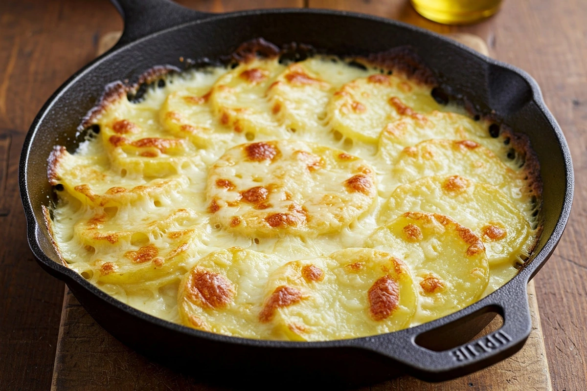 Cheesy potato gratin with bubbling golden crust.