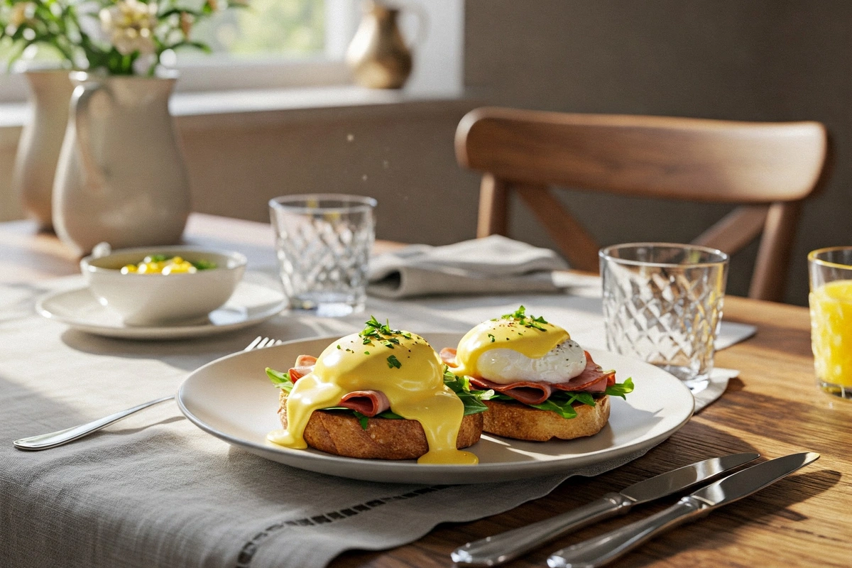 Perfectly plated Egg Benedict with hollandaise sauce