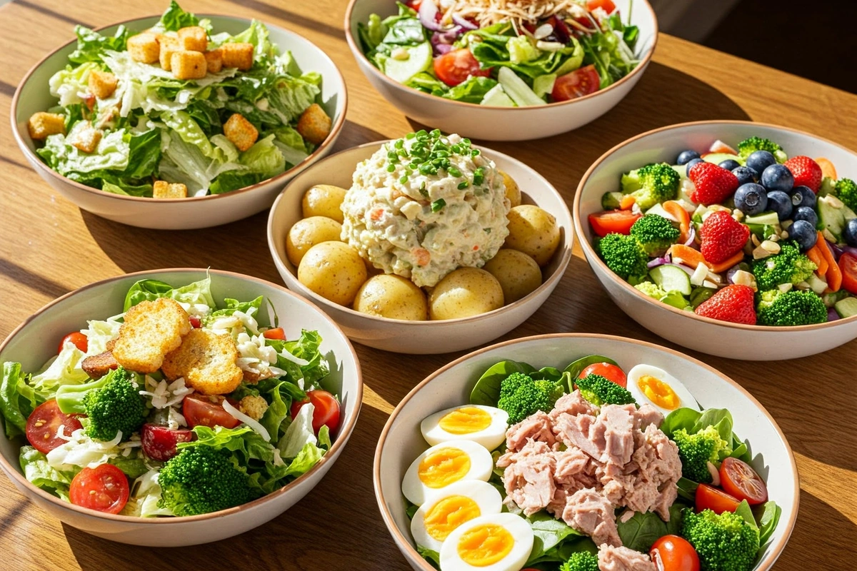 Five types of salads beautifully displayed on a wooden table