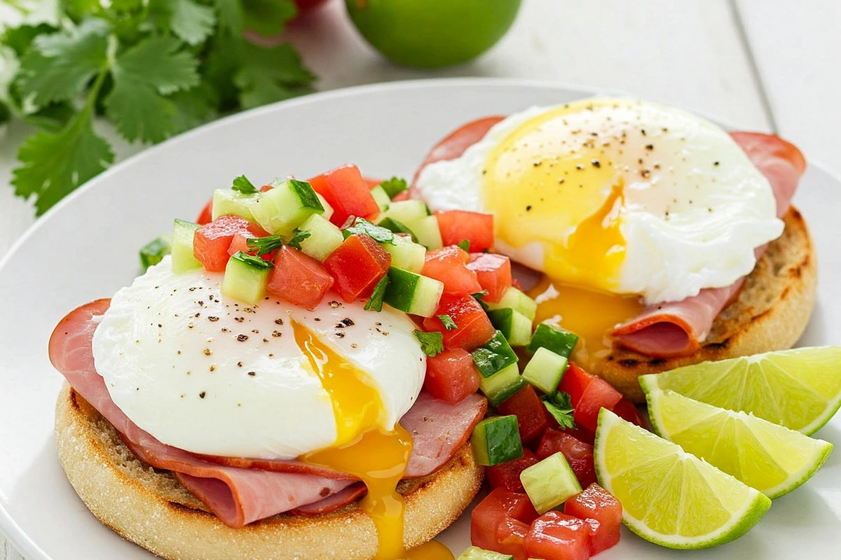 Eggs Benedict with fresh tomato and cucumber salsa