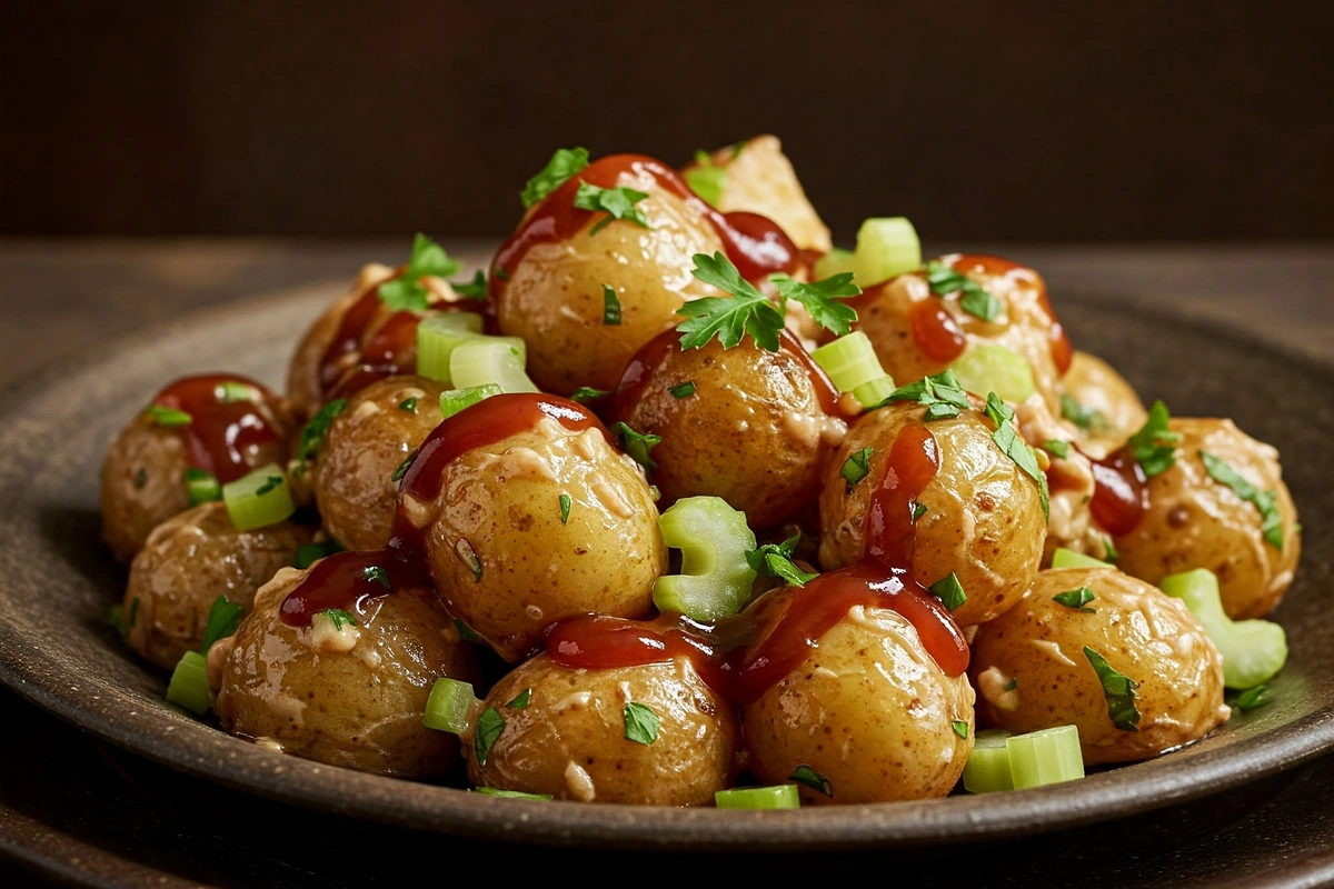 BBQ potato salad with roasted potatoes and creamy dressing