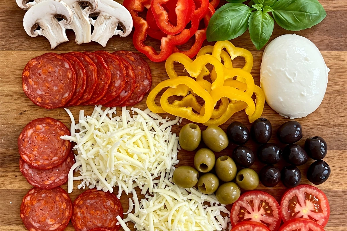 Assorted fresh pizza toppings on a wooden board.