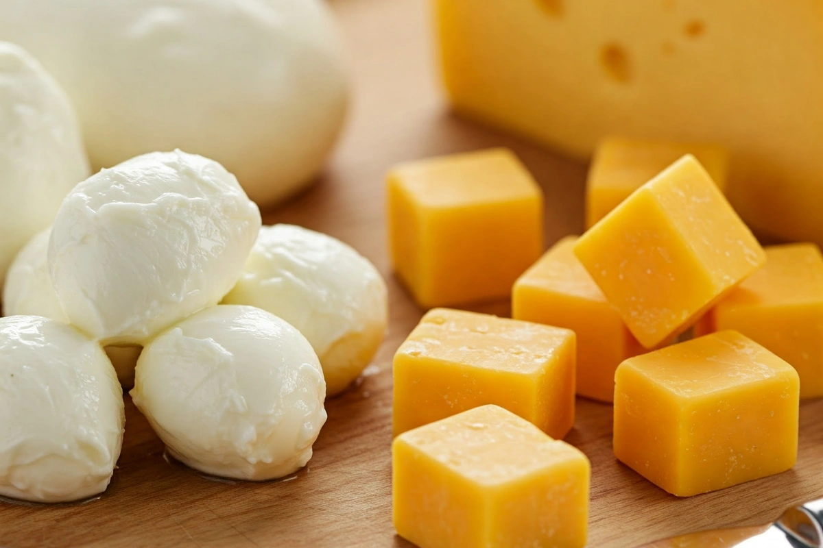 Side-by-side comparison of mozzarella curds and cheddar cheese curds.