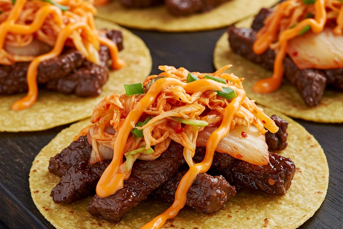 Korean BBQ tacos with kimchi slaw and sriracha mayo