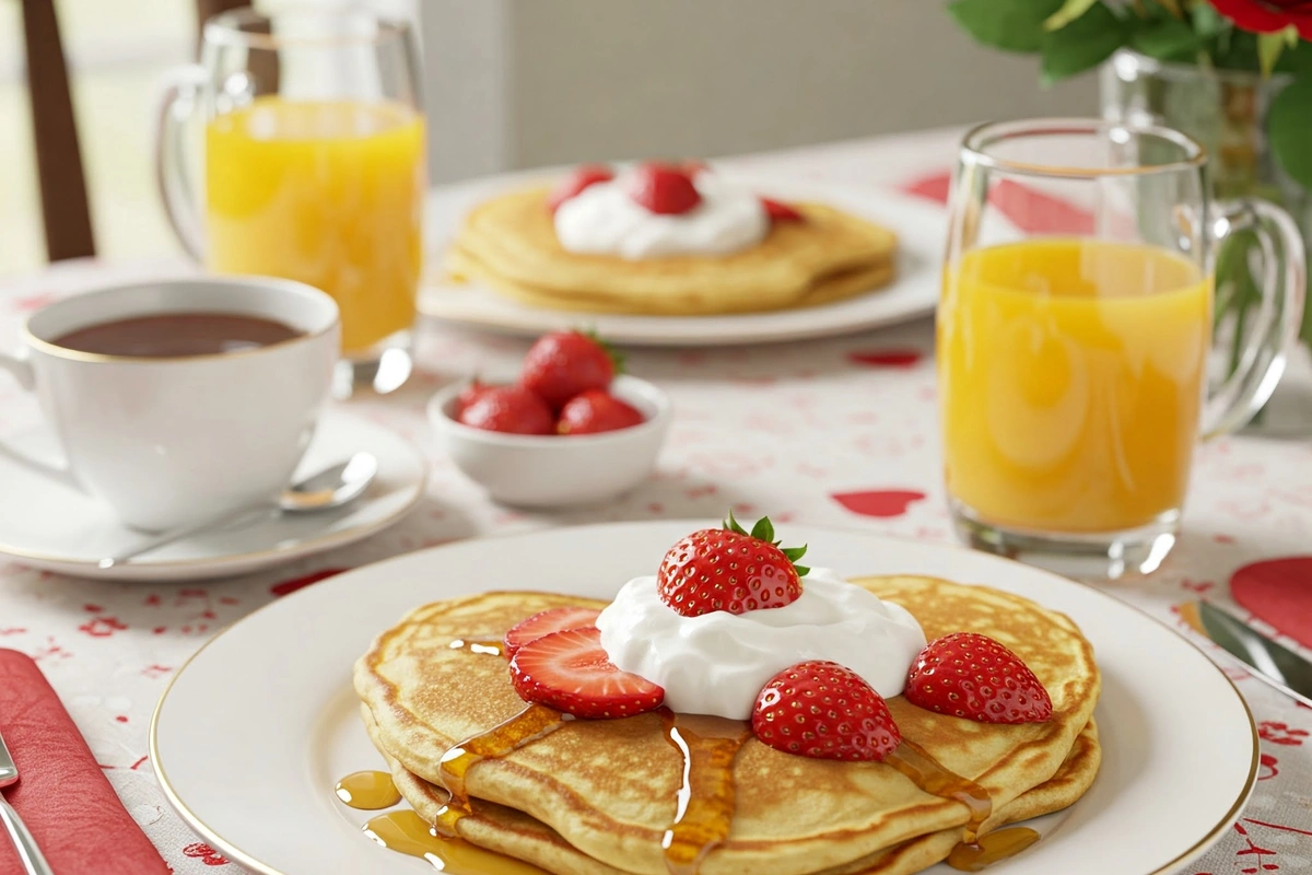  Heart-shaped pancakes with strawberries and whipped cream