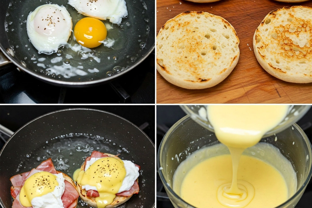 Steps to make Eggs Benedict with hollandaise sauce