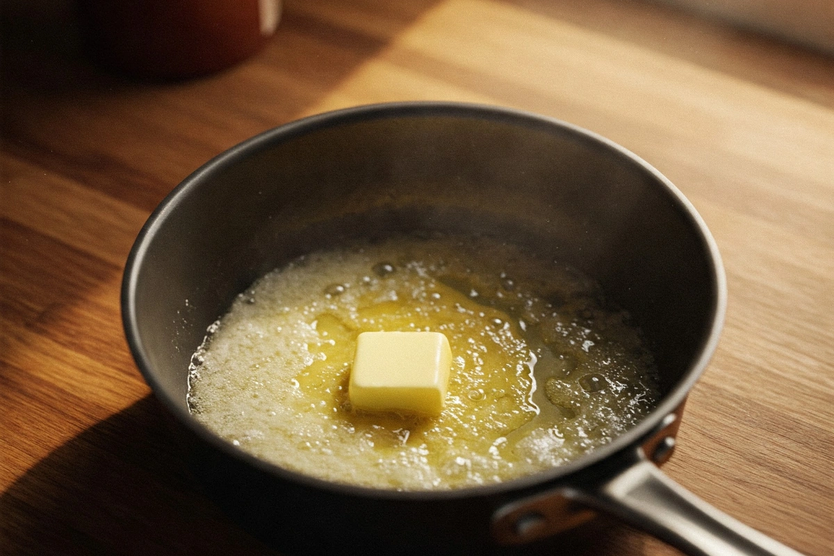 Brown butter foaming in a saucepan