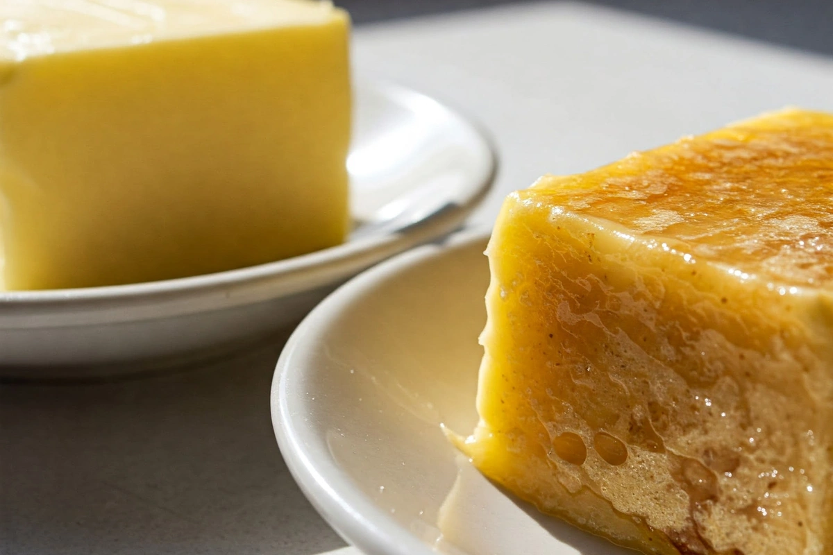 A pat of regular butter next to a pat of brown butter on white plates.