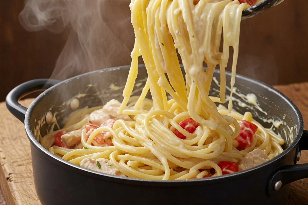 Mixing spaghetti with creamy chicken sauce