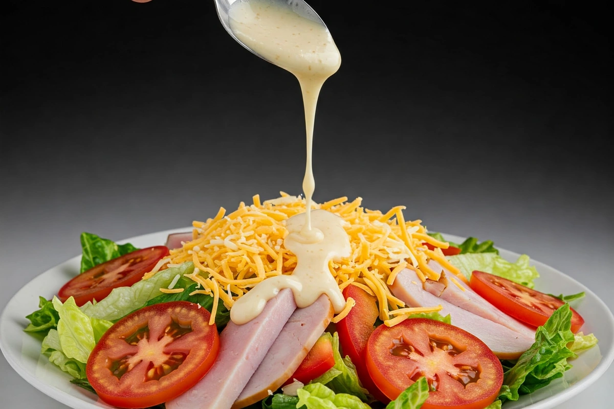 Drizzling dressing over chef’s salad