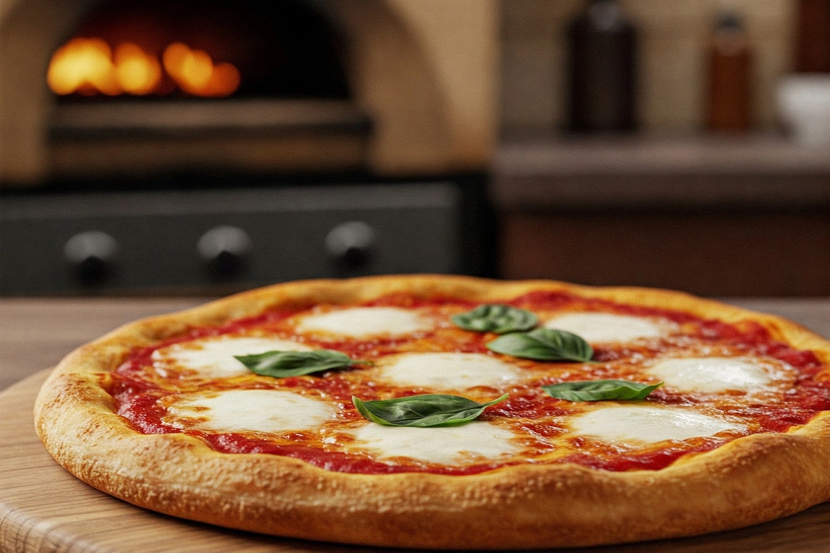 Freshly baked homemade pizza with mozzarella and basil.