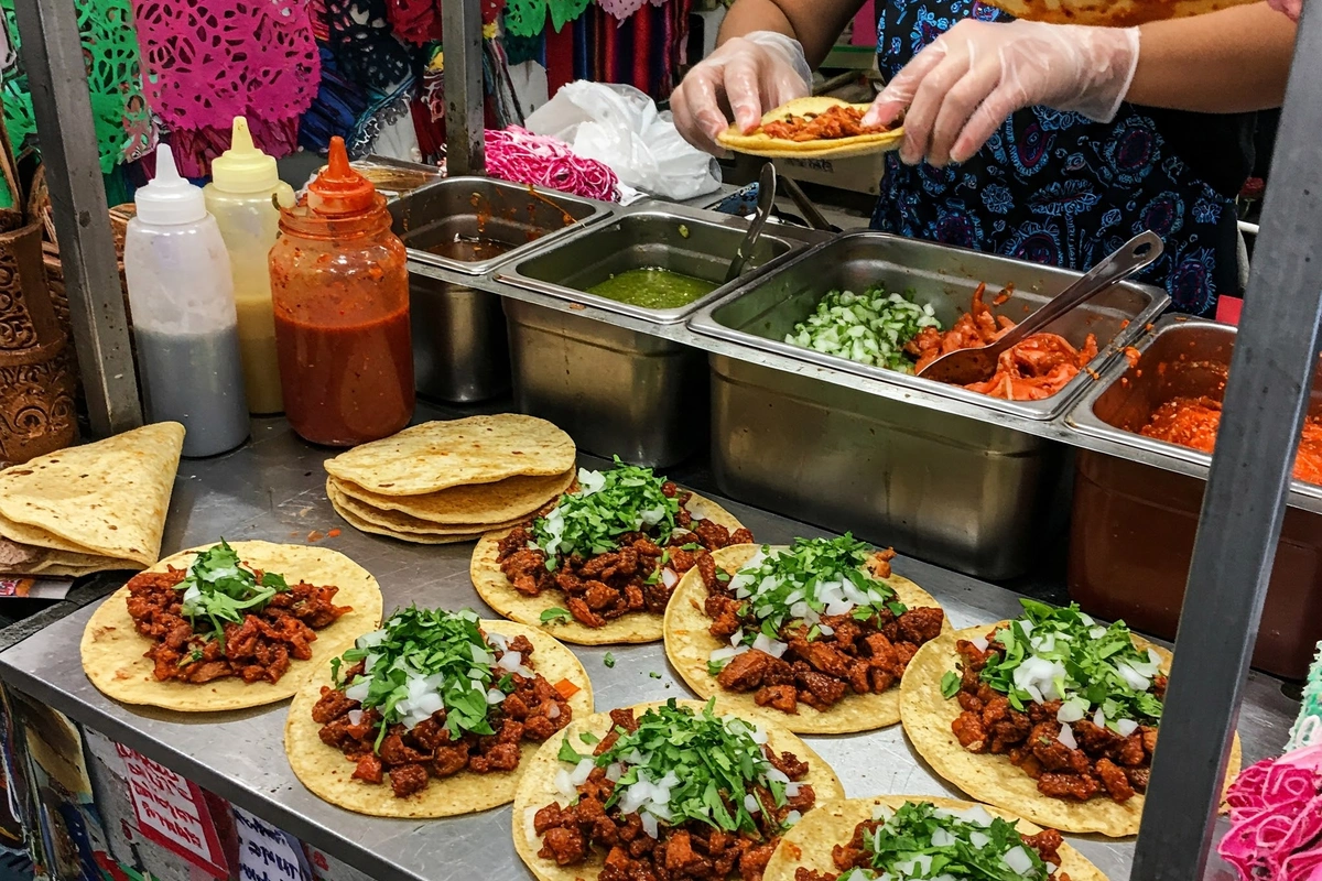  Street tacos being served with traditional toppings