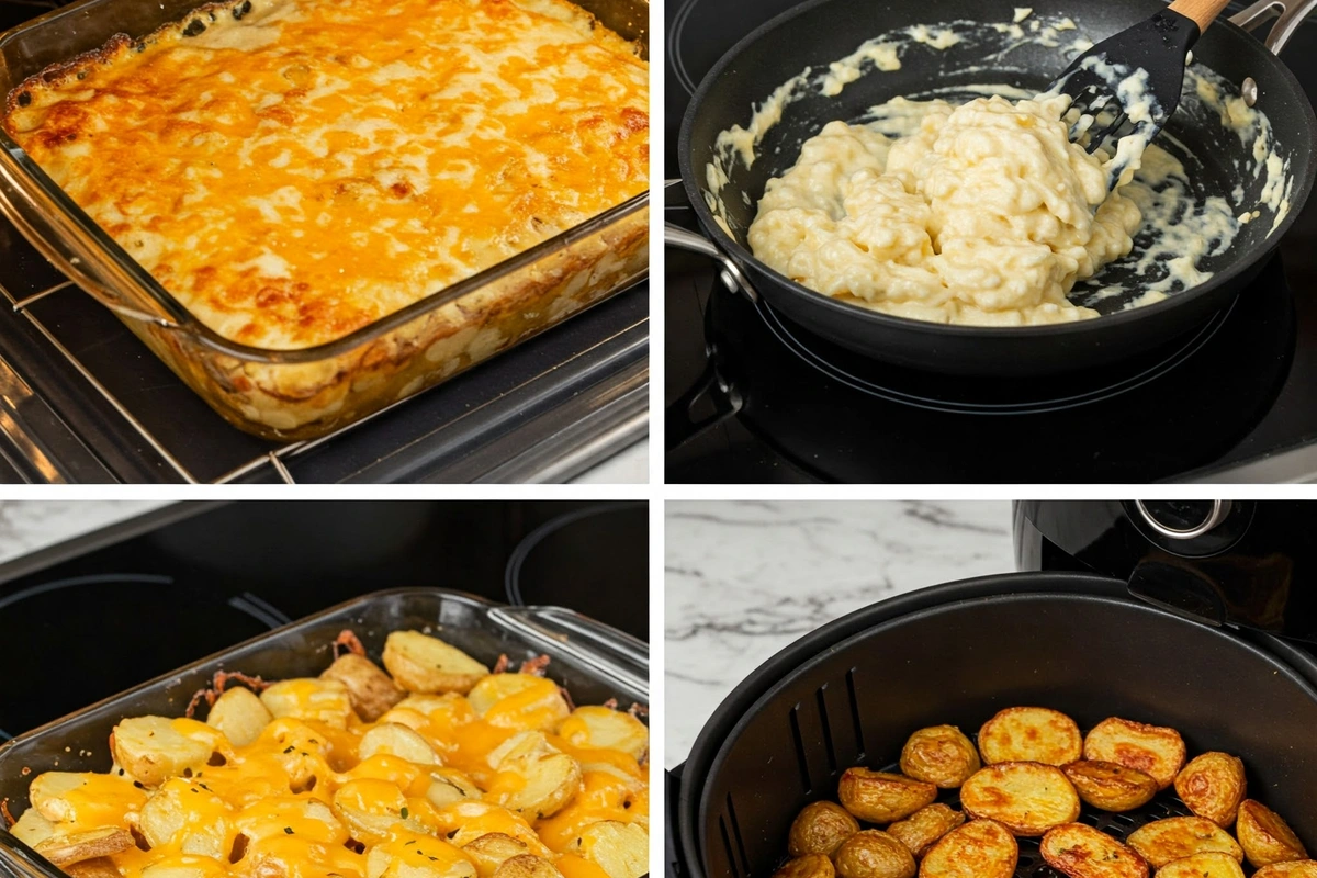 Different cooking methods for cheesy potatoes.