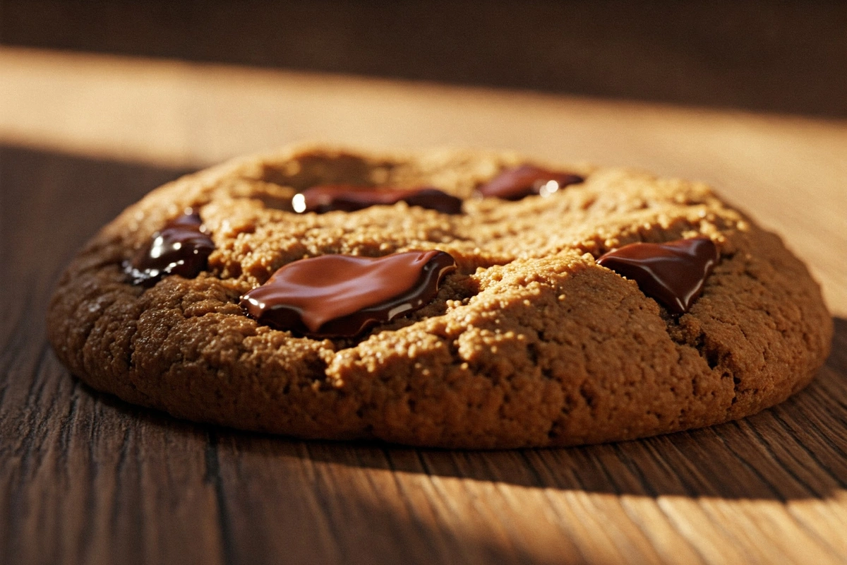 Brown butter chocolate chip cookie close-up on a rustic table