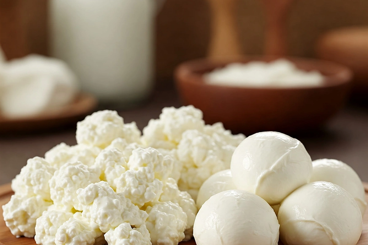 Fresh cheese curds and mozzarella balls on a wooden board.