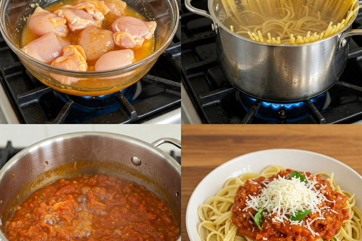 Preparing chicken spaghetti with marinated chicken and boiling pasta