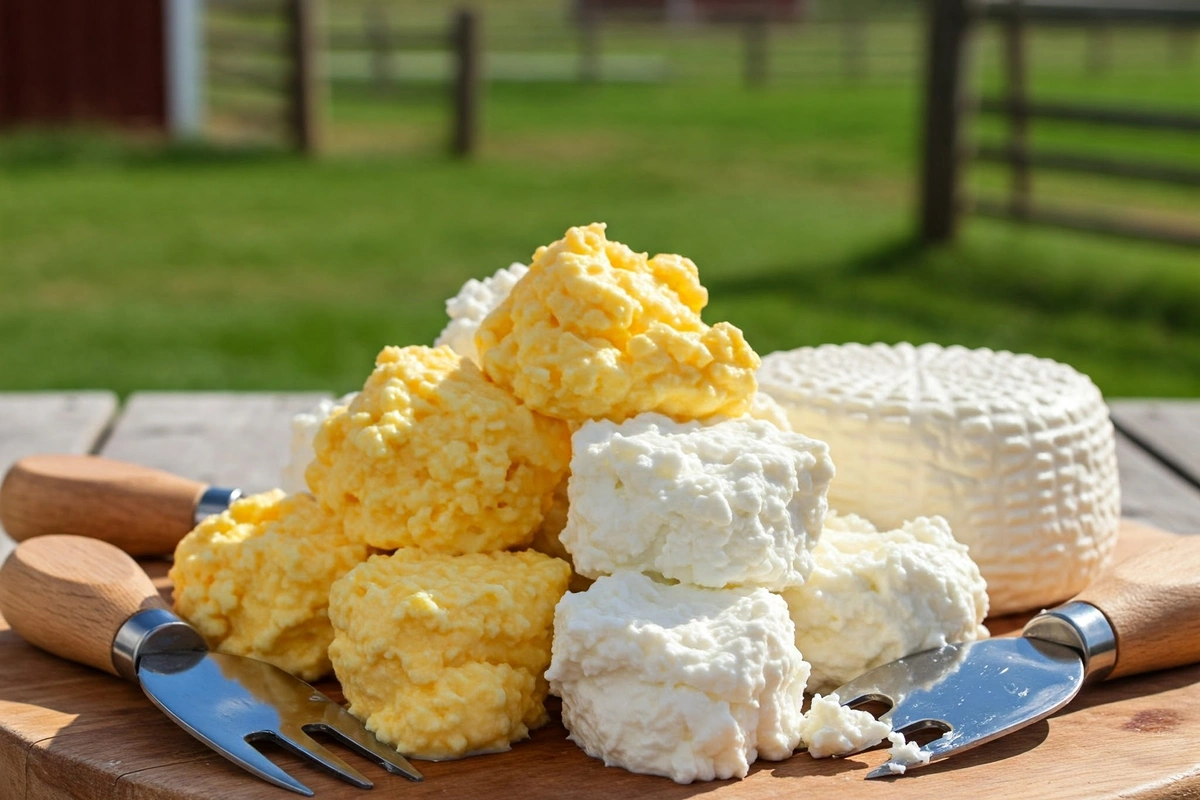 Fresh cheese curds on a wooden board