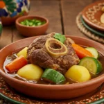 Hearty Caldo de Res in a rustic bowl surrounded by fresh vegetables