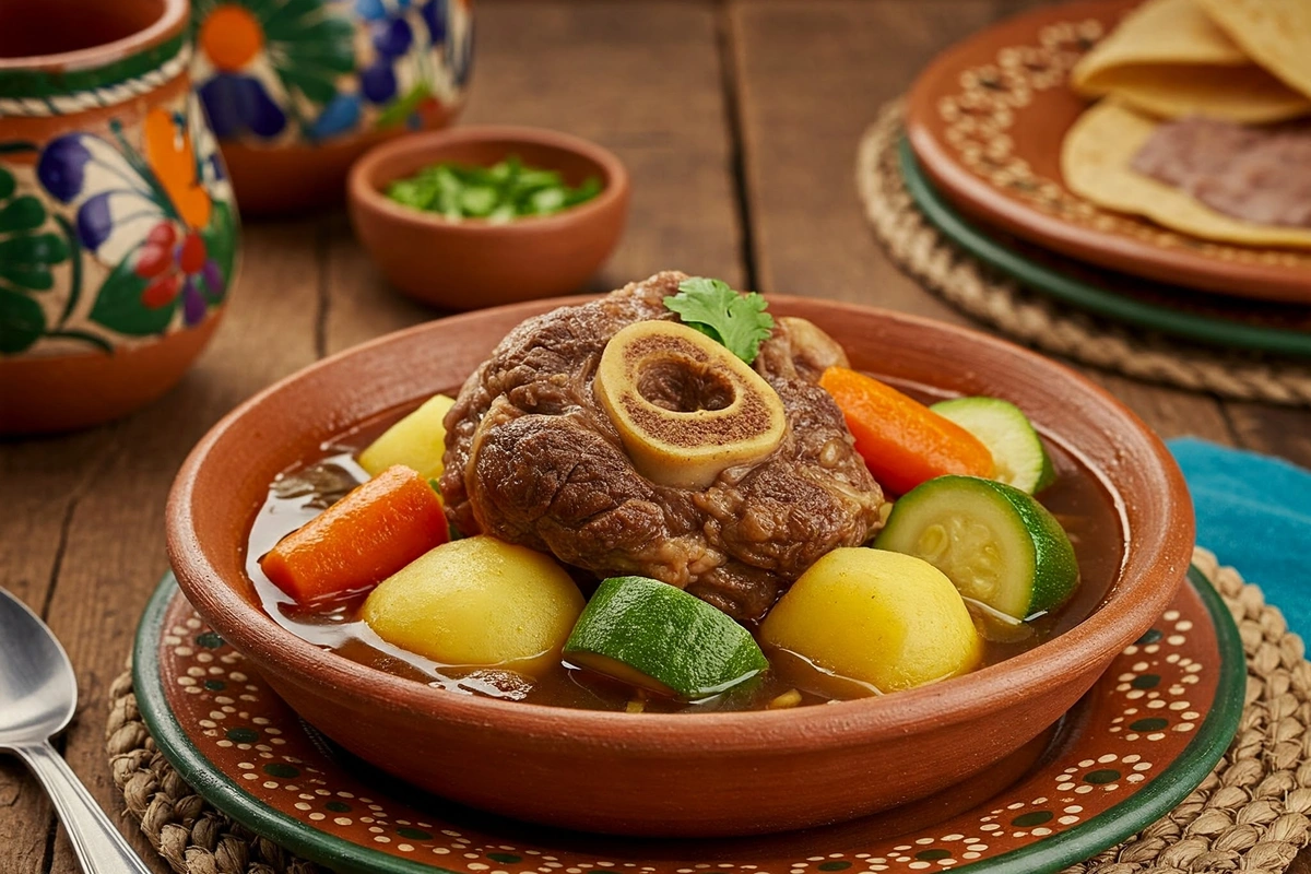 Hearty Caldo de Res in a rustic bowl surrounded by fresh vegetables