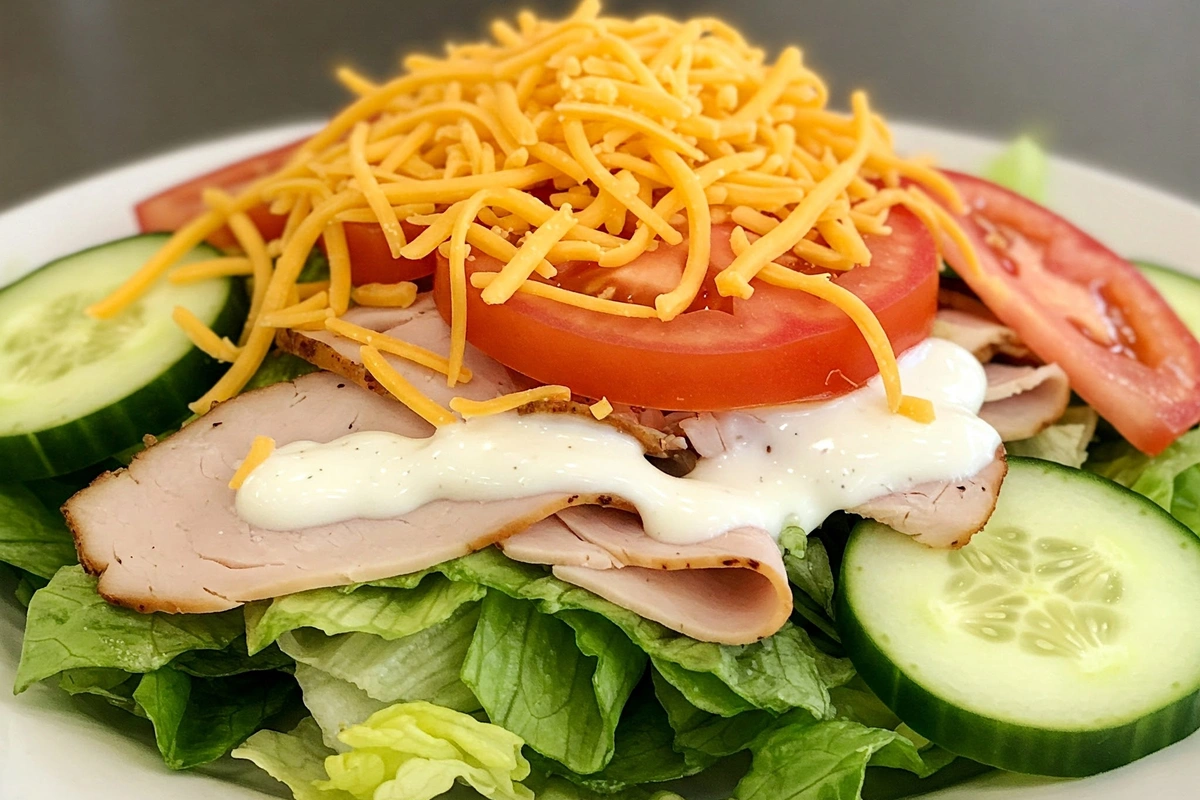 A chef's salad with turkey, ham, and fresh vegetables.